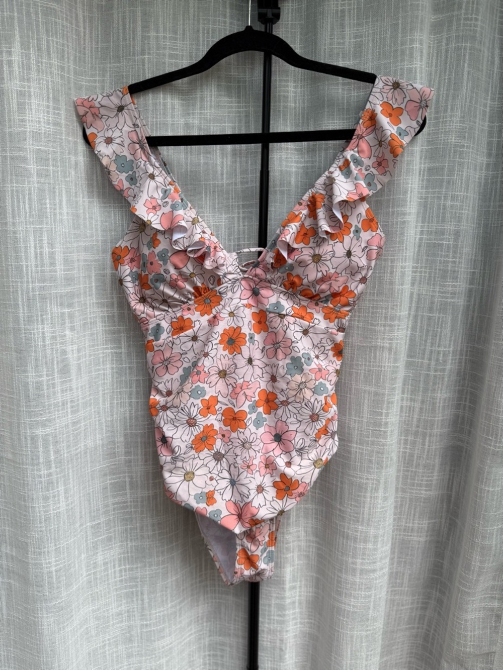 Floral Ruffled One-Piece Swimsuit - Pink & Orange Daisy Print